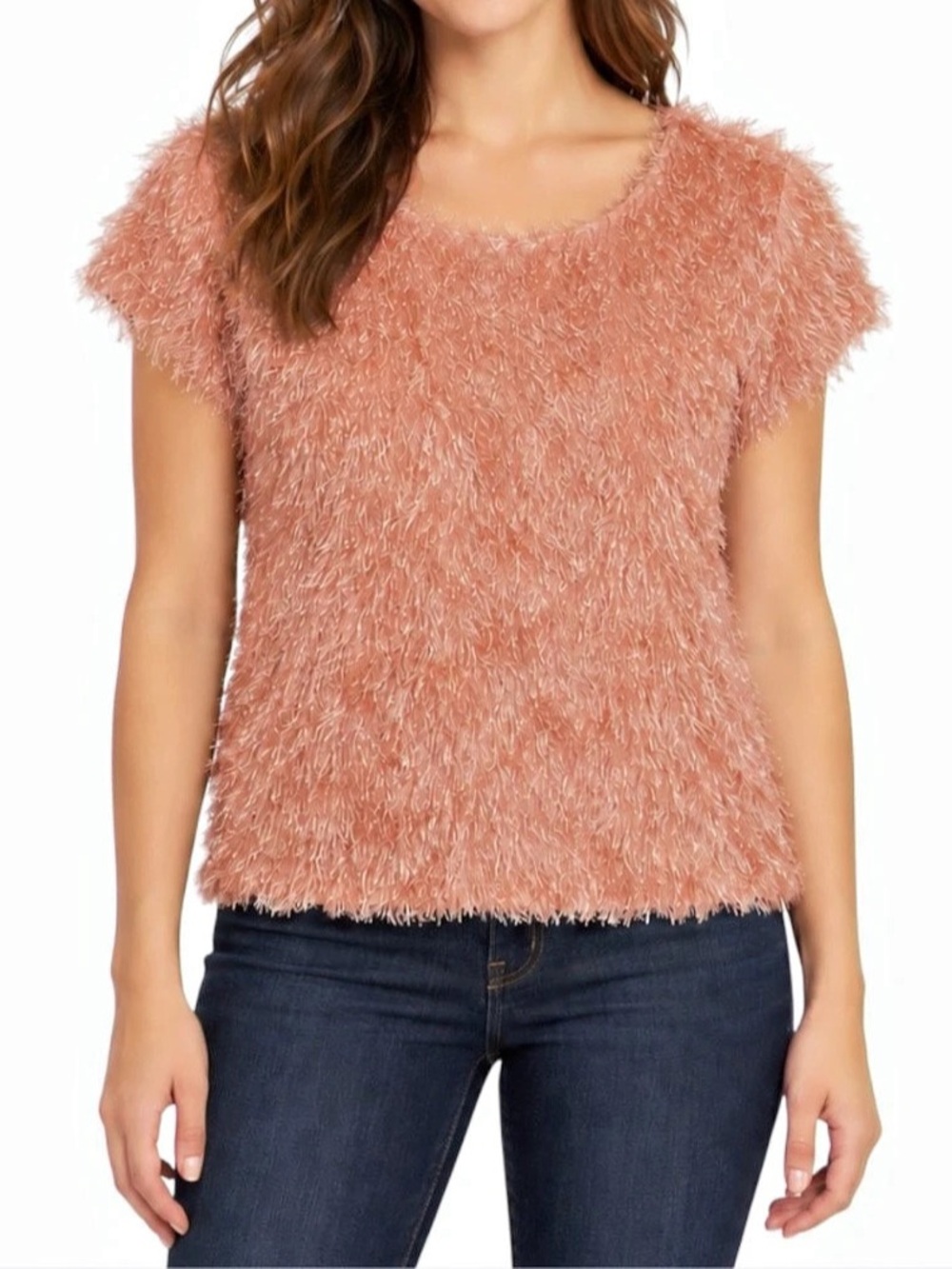 KORI Women’s Large Dusty Rose Eyelash Fringe Shaggy Short Sleeve Lined Top NWOT